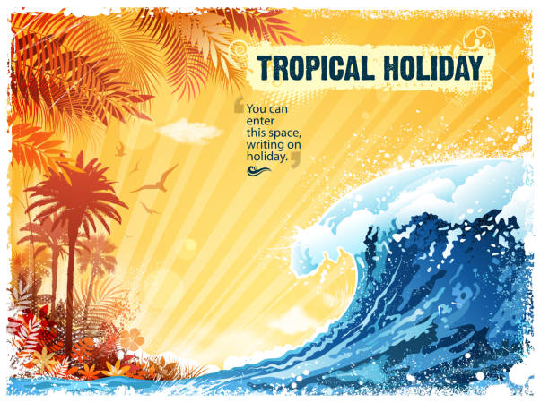 トロピカルの眺め - wave island palm tree sea点のイラスト素材／クリップアート素材／マンガ素材／アイコン素材