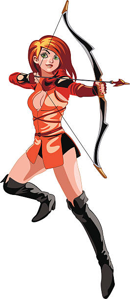 archer the Archer girl in a orange suit with a bow in his hand isolated on white background female sharp shooter stock illustrations
