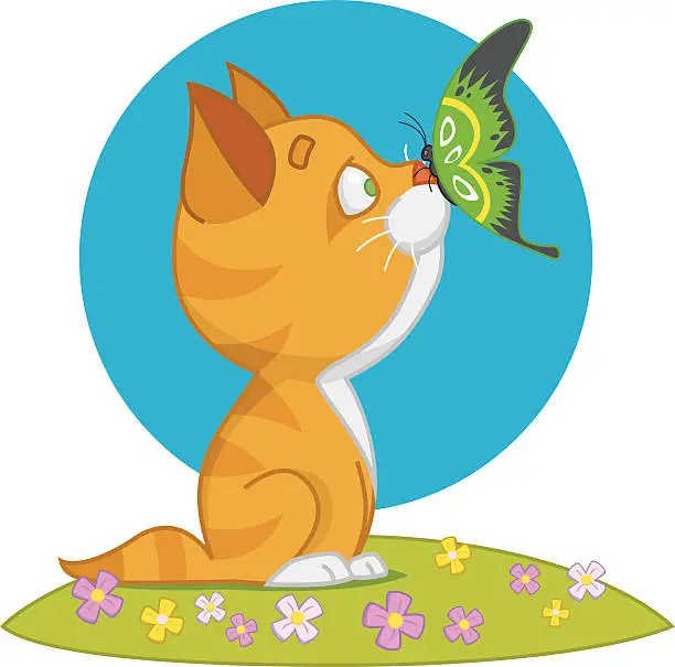 Vector illustration of kitten and butterfly. котенок и бабочка.