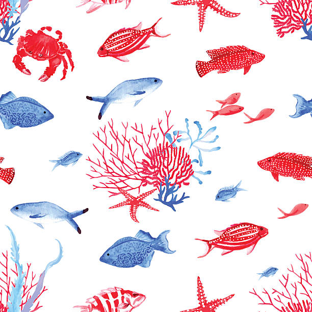 Red and blue underwater seamless vector pattern Red and blue underwater watercolor seamless vector pattern rainbow crab stock illustrations