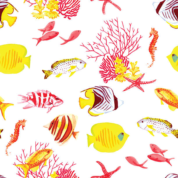 ilustrações, clipart, desenhos animados e ícones de peixes brilhantes e algas vetor sem costura padrão de - seaweed seamless striped backgrounds