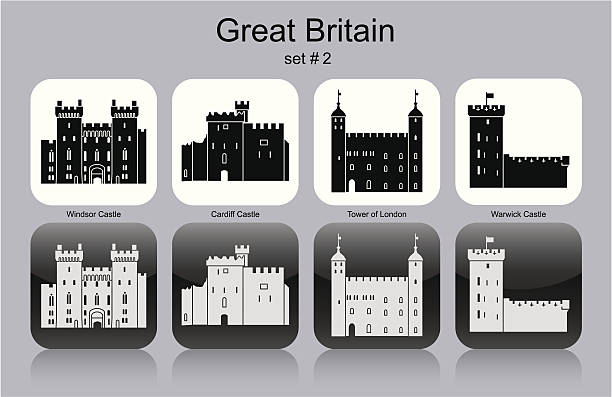 Icons of Great Britain Landmarks of Great Britain. Set of monochrome icons. Editable vector illustration. warwick uk stock illustrations