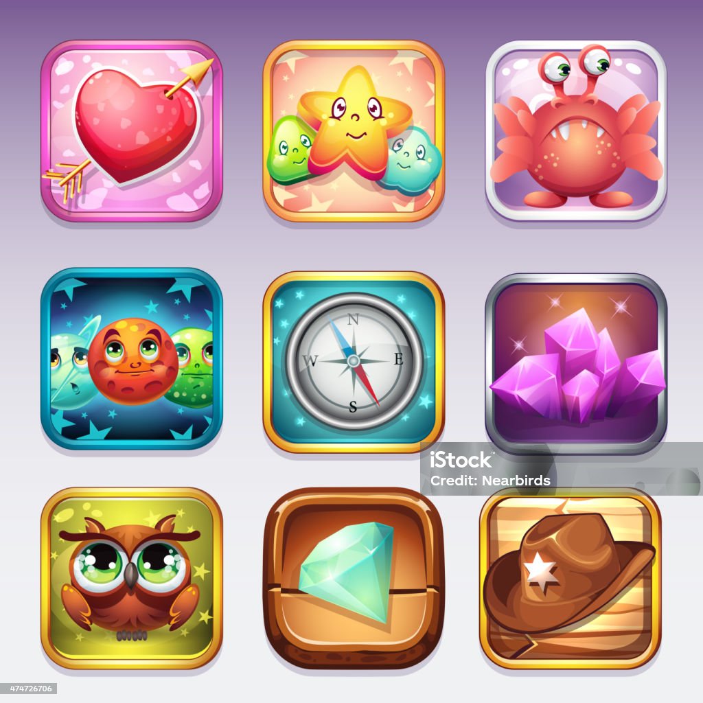 Set icons for app store and Google Play to computer Set icons for app store and Google Play to computer games on various topics Technology stock vector