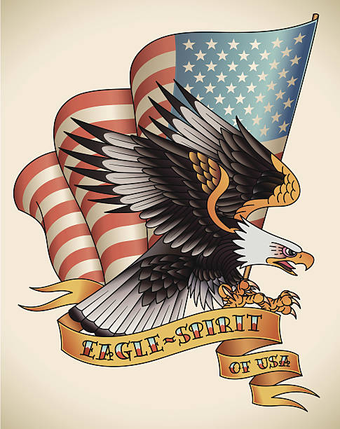 Eagle-spirit old-school tattoo Bald eagle attacking with the flag of USA on the background. Old-school tattoo design. Editable vector illustration. ugly american stock illustrations