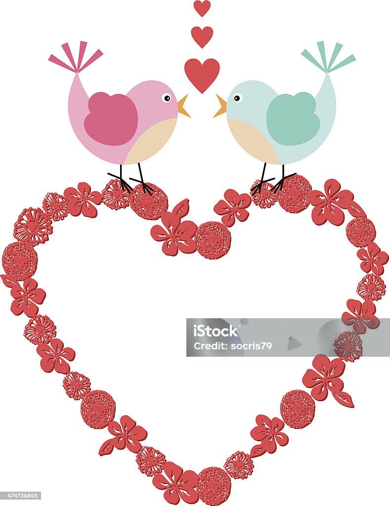 Heart frame with cute birds on floral heart Scalable vectorial image representing a heart frame with cute birds on floral heart, isolated on white. EPS10. Animal Family stock vector