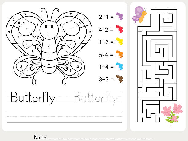 ilustraciones, imágenes clip art, dibujos animados e iconos de stock de maze partido, color por número de hoja de trabajo para la educación - paper match