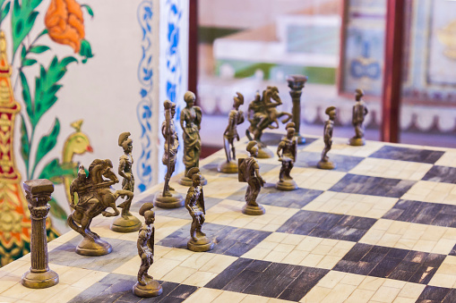 Chaturanga, Vintage chess table for display in Jivan Vilas, Patwon-Ki-Haveli, Jaisalmer,Rajasthan