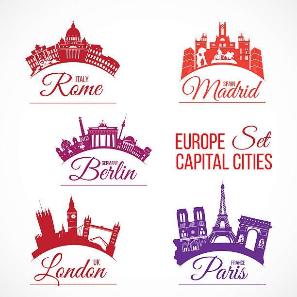 Biggest Europe capital cities Vector set of Biggest Europe capital cities skylines with lettering logos. contemporary madrid european culture travel destinations stock illustrations
