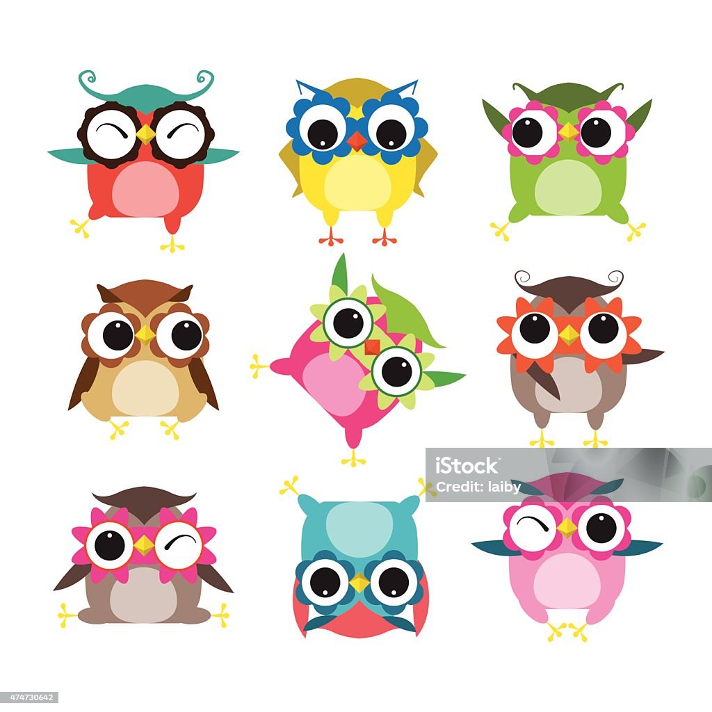 Set of nine cartoon owls with various emotions Set of nine cartoon owls with various emotions isolated on white background. Vector illustration 2015 stock vector