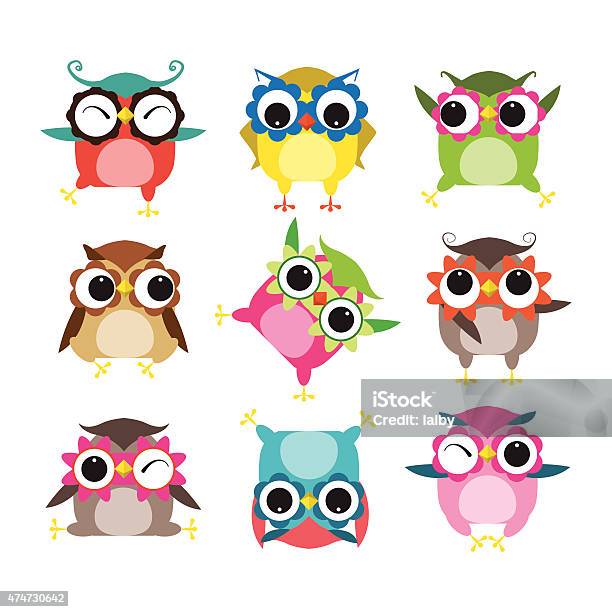 Set Of Nine Cartoon Owls With Various Emotions Stock Illustration - Download Image Now - 2015, Animal, Animal Body Part