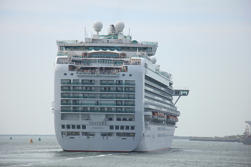 The bow of the  Holland America cruise ship Nieuw Amsterdam, which is docked at Canada Place, Vancouver, before setting off on a cruise to Alaska.