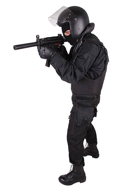istock Riot police officer in black uniform 474737522