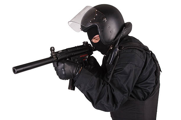 istock Riot police officer in black uniform 474737524