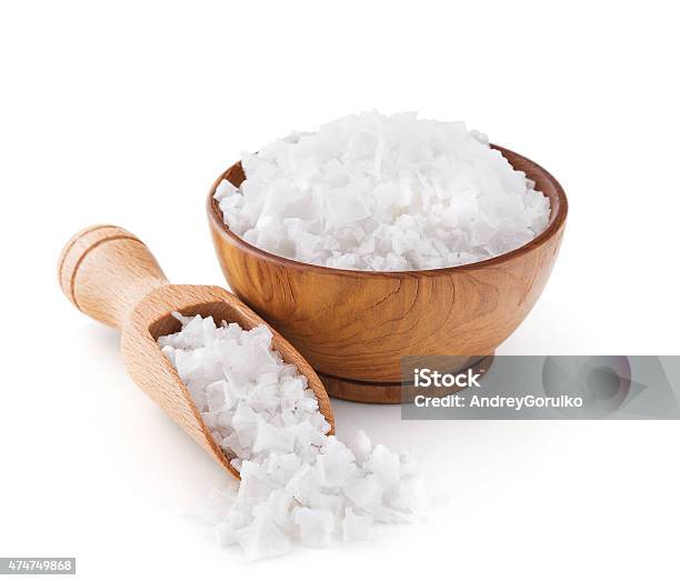 Cyprus Sea Salt Flakes In A Wooden Bowl Stock Photo - Download Image Now - Salt - Mineral, Salt - Seasoning, Sea