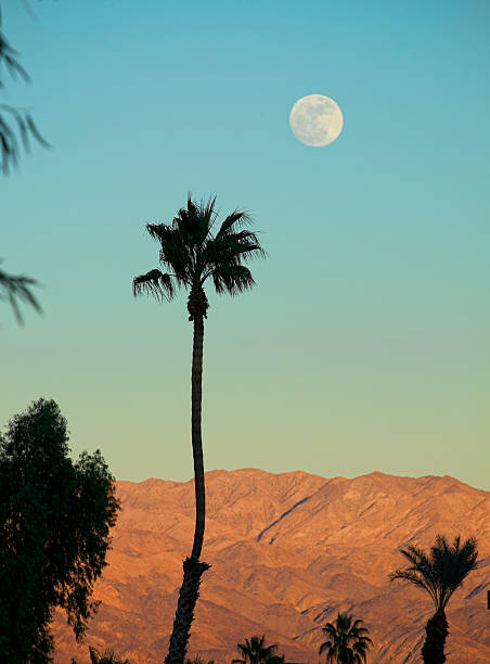Coachella Valley Sunset and Full Moon Near Palm Springs California stock photo