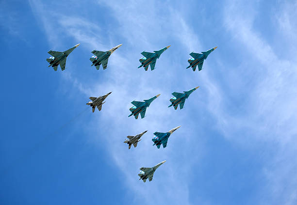 istock Russian military aircraft fighters in flight against blue sky 474757716