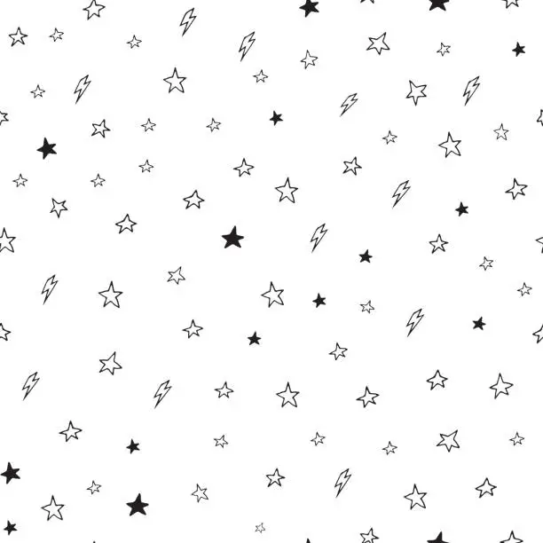 Vector illustration of Hand drawn seamless doodle pattern of stars and lightnings