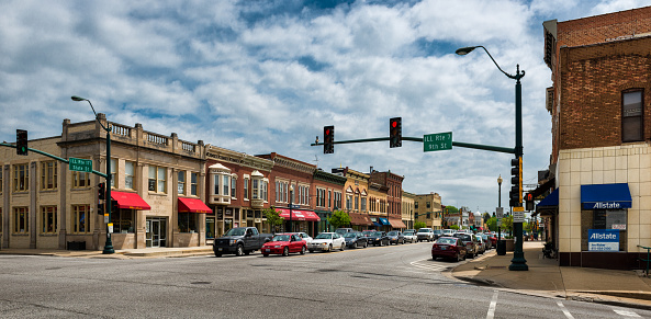 Lockport, Illinois, USA - May 9, 2015: Downtown Lockport at the intersection of 9th and State Streets in Lockport, Illinois