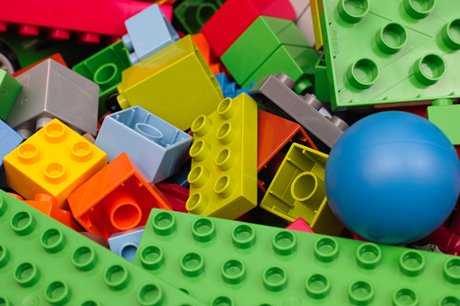 Tambov, Russian Federation - February 20, 2015: Heap of Lego Duplo Blocks and toys. Studio shot. All toys in heap manufactured by the Lego Group (Billund, Denmark).