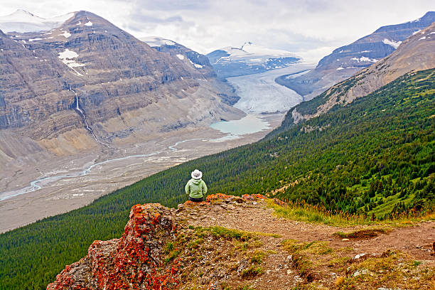 Enjoying the Beauty of Nature Hiker Enjoying the View of the Saskatchewan Glacier Valley in Canada saskatchewan glacier stock pictures, royalty-free photos & images