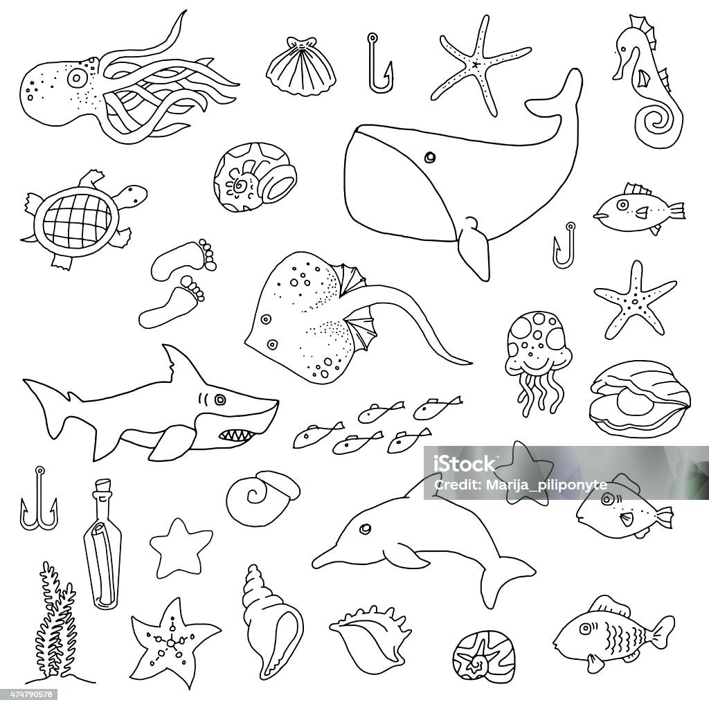 Sea animals different Sea animal hand drawn set 2015 stock vector