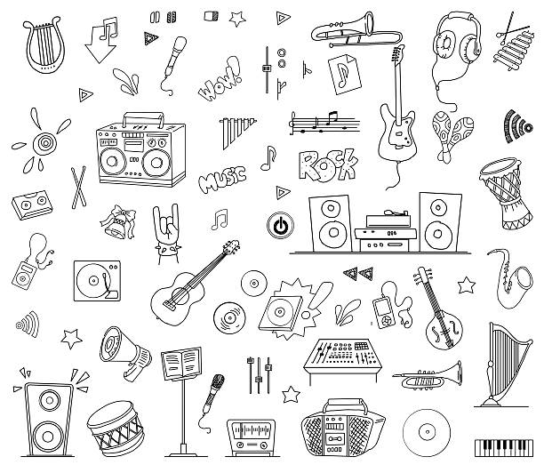 Music set Hand drawn set of various music related doodles guitar drawings stock illustrations