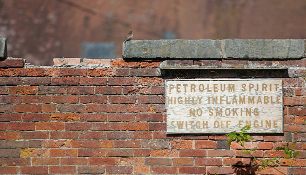 istock Old fashioned sign on a brick wall petroleum spirit hazard 474791076