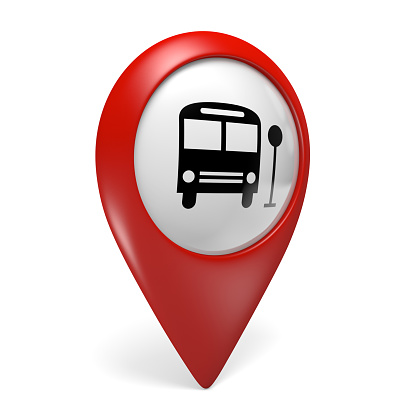 Red public transport search finder icon with a bus symbol, common in digital maps and GPS devices, rendered in 3D.