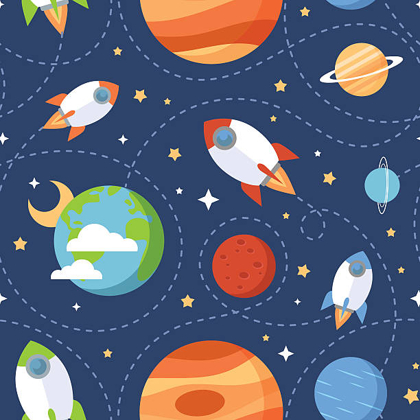 Seamless children cartoon space pattern Seamless children cartoon space pattern with rockets, planets, stars and universe over the dark night sky background astronaut designs stock illustrations