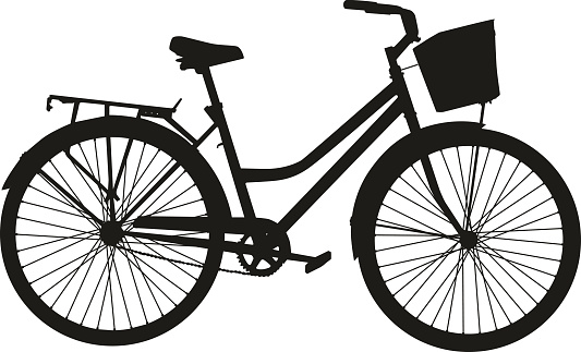 Black vector silhouette of a bicycle with a basket. Isolated illustration
