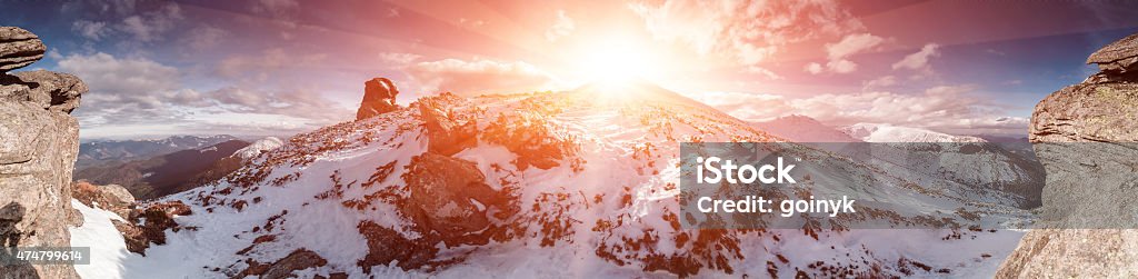 Panoramic winter landscape Panorama of Snow Mountain Range Landscape with Blue Sky at Carpathian mountain region. Ukraine 2015 Stock Photo