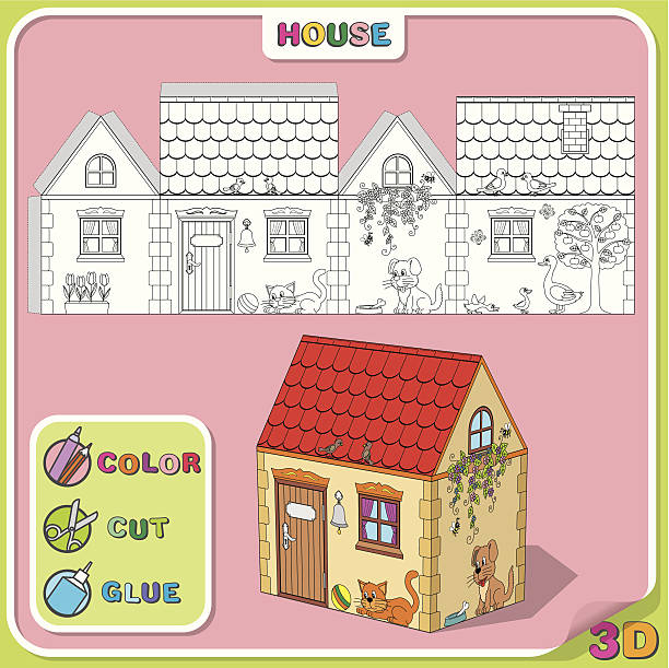 kolor-cut-kleju.  kreskówka, ilustracja przedstawiająca dom z zwierząt - tree book apple apple tree stock illustrations
