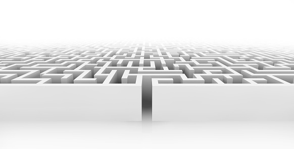 White maze, complex way to find exit, business concept.