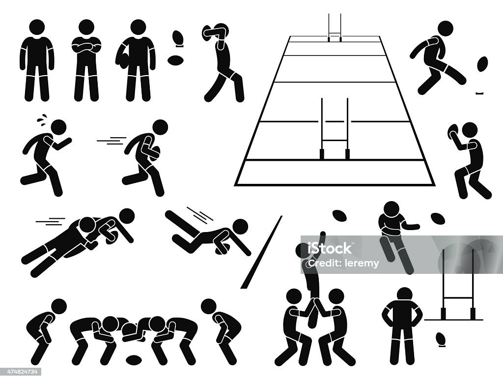 Rugby Player Actions Poses Stick Figure Pictogram Icons A set of human pictogram representing the sport of rugby player action and poses. This also include the rugby field from 3d perspective. Rugby - Sport stock vector