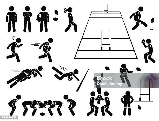 Rugby Player Actions Poses Stick Figure Pictogram Icons Stock Illustration - Download Image Now