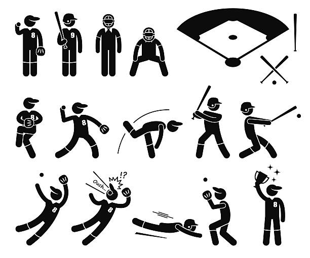 ilustraciones, imágenes clip art, dibujos animados e iconos de stock de jugador de béisbol acciones plantea stick figura pictograma iconos - baseball baseball player baseballs catching