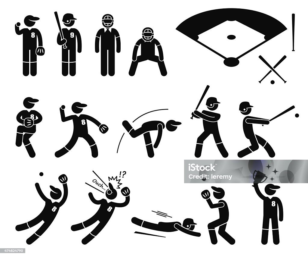 Baseball Player Actions Poses Stick Figure Pictogram Icons A set of human pictogram representing the sport of baseball actions and poses. This also include the 3D perspective of the baseball field. Baseball - Sport stock vector