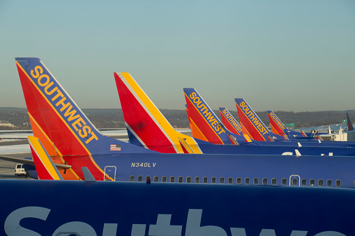Baltimore, Maryland, USA - March 7, 2015 : A row of Southwest Airlines Boeing 737s at Baltimore International (BWI).
