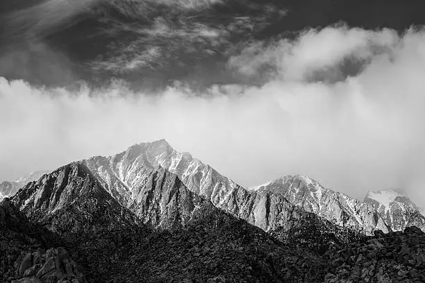 Black and white photo of Mount Whitney at dawn.