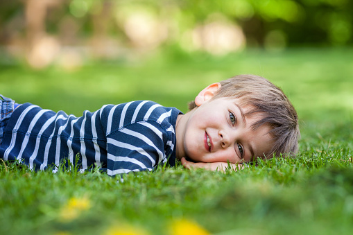 Smiling little boy lying on the grass in the park, springtime