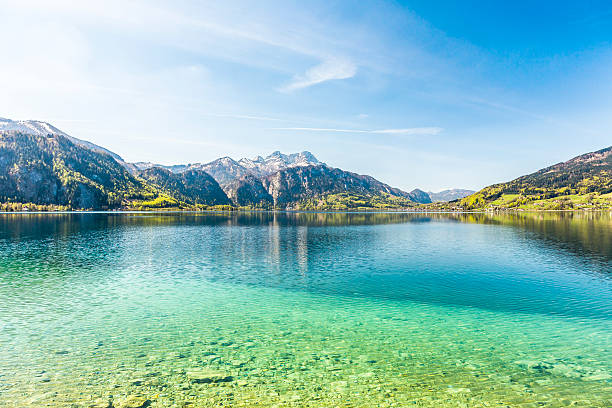 beautiful alpine lake Attersee with crystal water beautiful clear alpine lake Attersee with crystal water attersee stock pictures, royalty-free photos & images