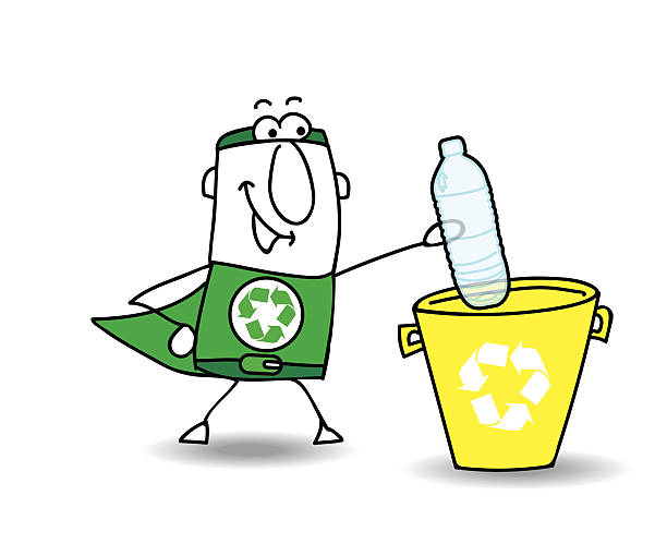 recycling einem kunststoff-flasche mit joe - recycling green environment superhero stock-grafiken, -clipart, -cartoons und -symbole