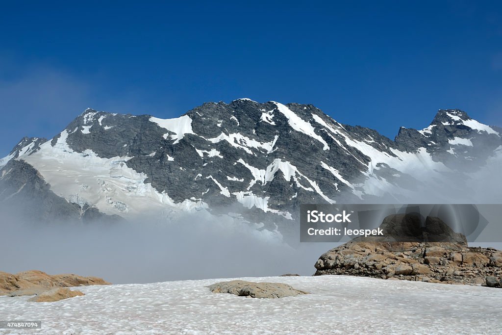 High mountains in Southern Alps, NZ. High mountain range in Aoraki National park, New Zealand. 2015 Stock Photo