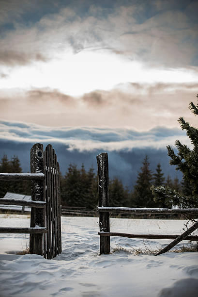 portão para o lado de sol - footpath european alps fence woods imagens e fotografias de stock