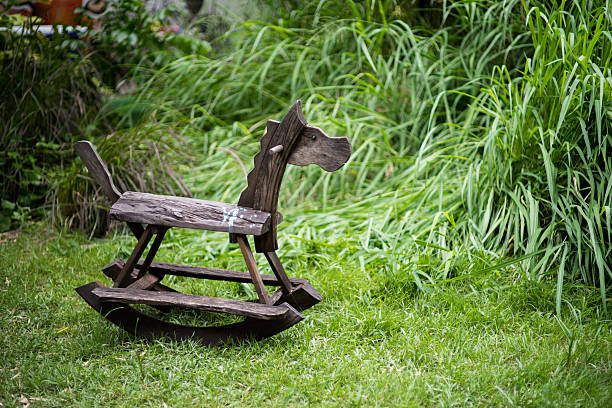 istock Wooden rocking toy on yard garden 474853854