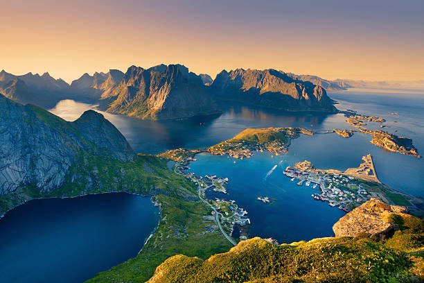 Lofoten Islands. View from Reinebringen at Lofoten Islands, located in Norway, during summer sunset. lofoten and vesteral islands photos stock pictures, royalty-free photos & images