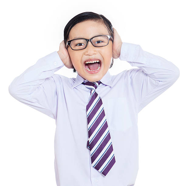 Business boy screaming on white background Little businessman is screaming on white background blackboard child shock screaming stock pictures, royalty-free photos & images
