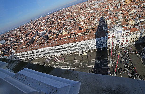 Venice, Italy - June 30, 2018: Panoramic view of Venice city, Museo Correr and Piazza San Marco (St Mark's Square) is public square of Venice from St Mark's Campanile (Campanile di San Marco)