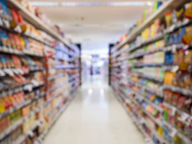 istock Supermarket shelf Blurred Interior perspective as background 474862564