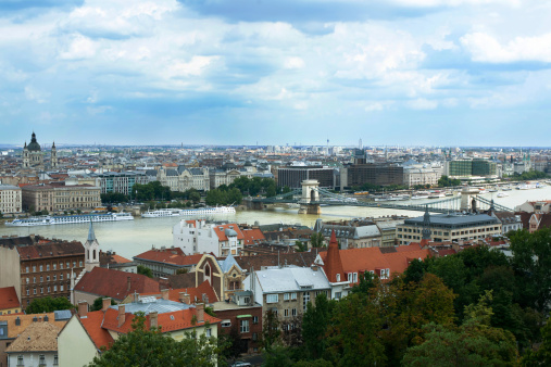 Budapest, Hungary - June 28, 2012: view of Pest side from Buda: Chain Bridge,Danube river and St. Stephen's Basilica